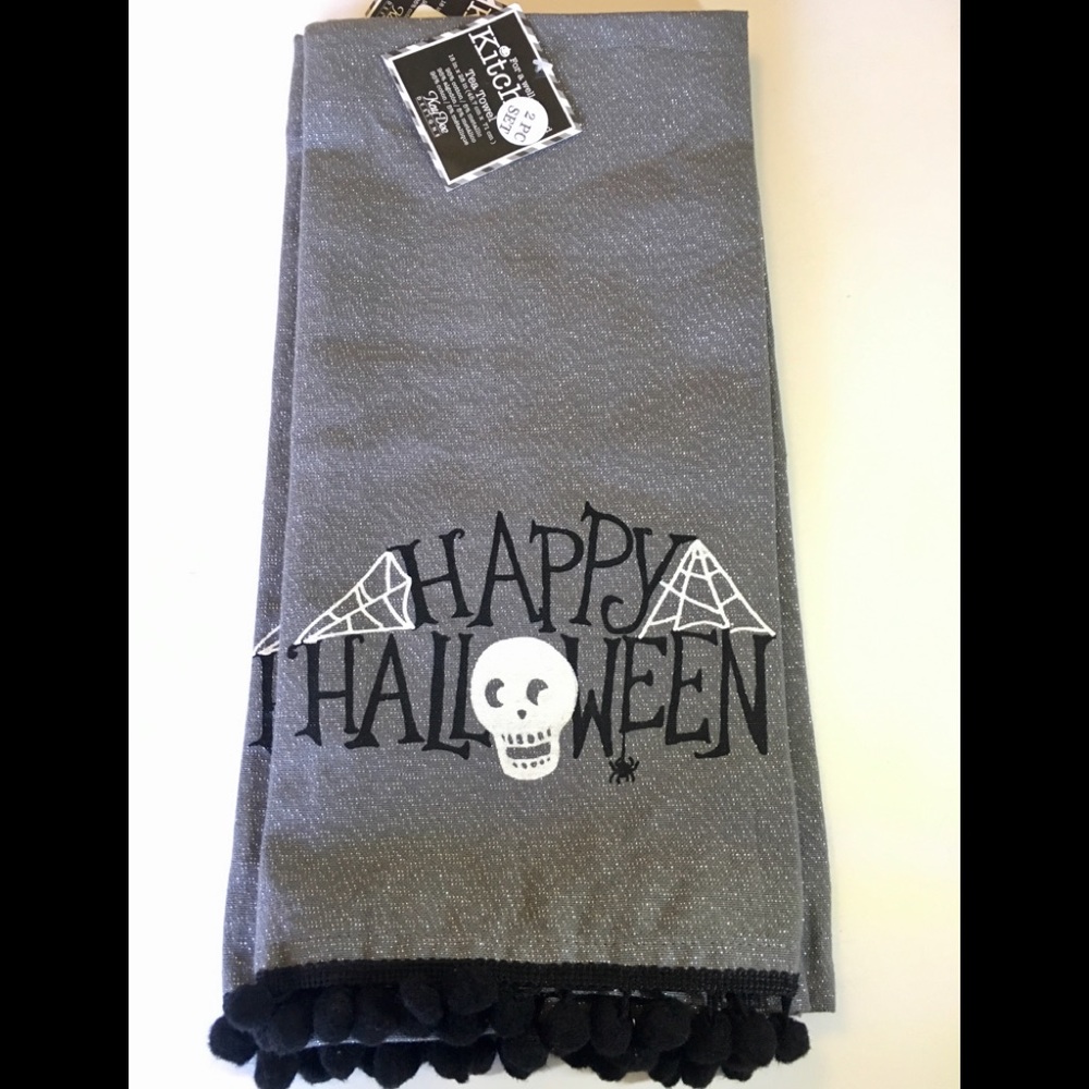 2 Happy Halloween Skull Kitchen Tea Towels Webs